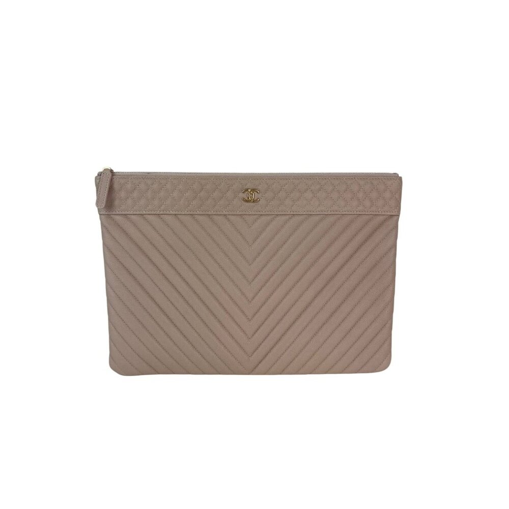 Chanel Caviar Chevron Quilted Large Beige Leather Cosmetic Clutch Bag - Picture 1 of 12